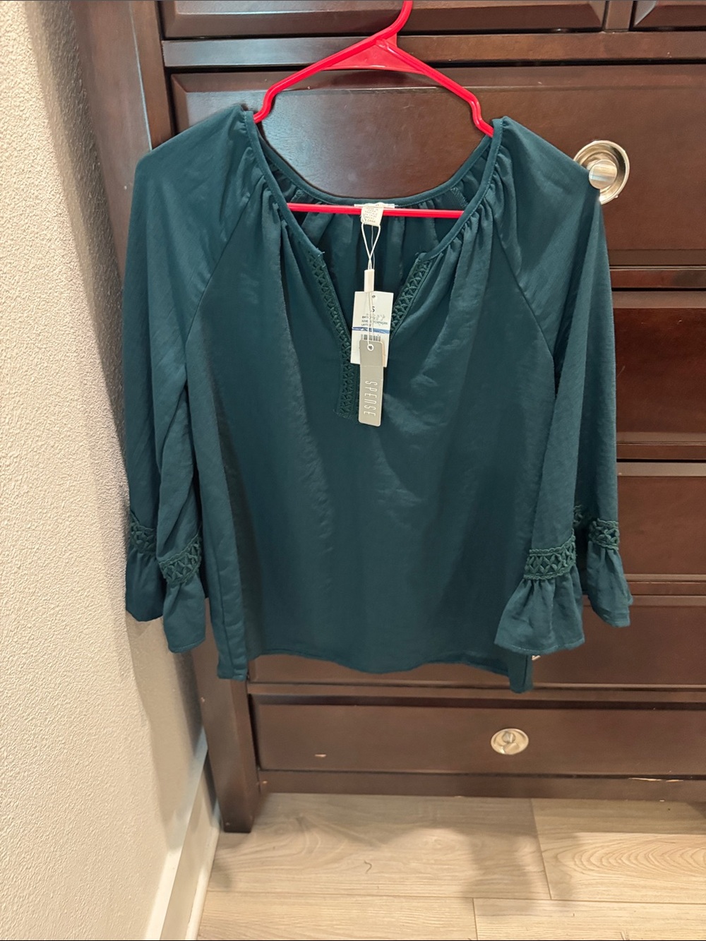 NWT Spense Teal Peasant Blouse with Crochet Bell Sleeves
